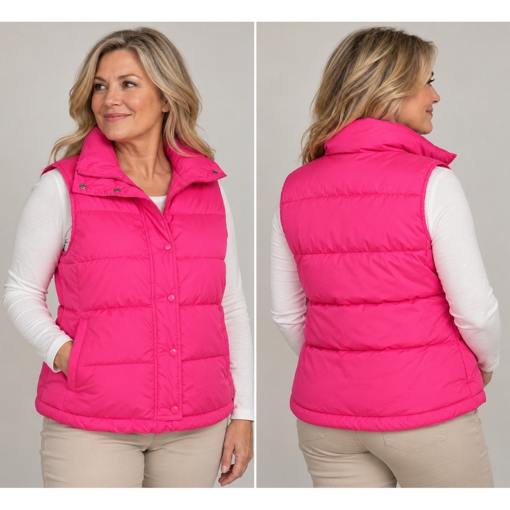 Old Navy Womens Large Hot Pink Puffer Vest Quilted Zip Snap Fleece Lined